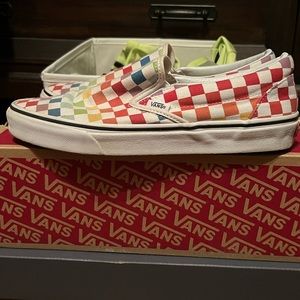 Rainbow checkerboard slip-on vans wmns size 10.5